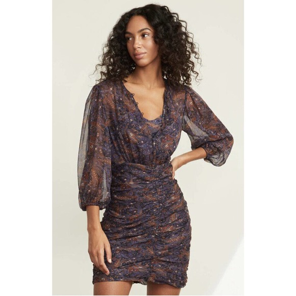 NEW $595 VERONICA BEARD "Kerri" Floral Paisley Silk Chiffon Ruched Mini Dress 10 - Picture 3 of 10